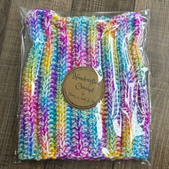 Handcrafted Crochet Winter Hat Rainbow Ice Yarn White Big Twist Cat Ear Ribbed - Picture 14 of 14